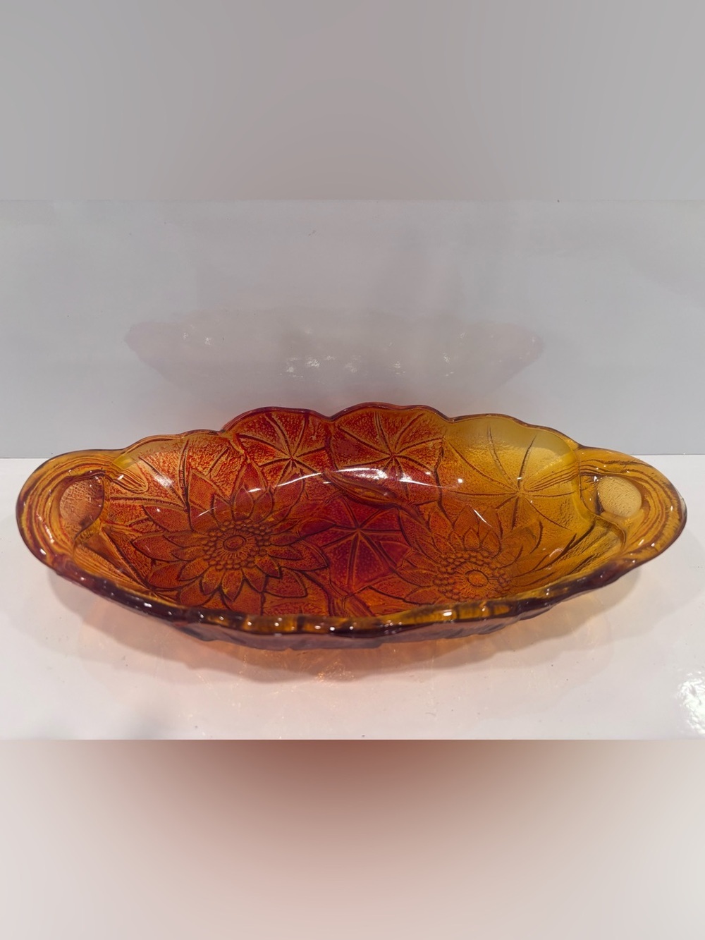 Vintage Amber Pressed Glass Floral Serving Tray Relish Dish With Handles